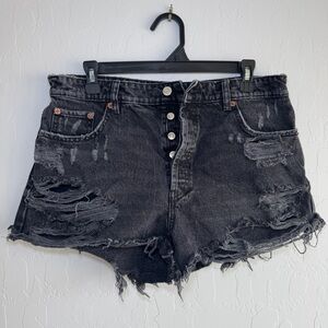 ZARA Black Distressed Denim Shorts Women’s 10 High Rise Button Fly Raw Hem 90s